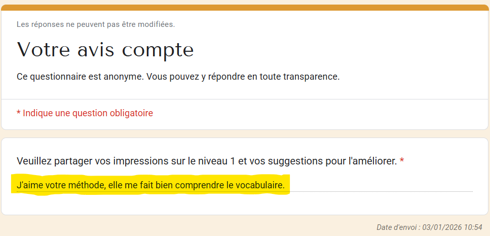 Avis élève sur le niveau 1